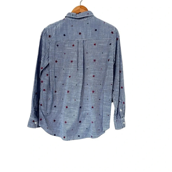 GAP Women’s Shirt Small Blue Red Floral  Embroidered Striped Boyfriend Popover - Picture 2 of 10